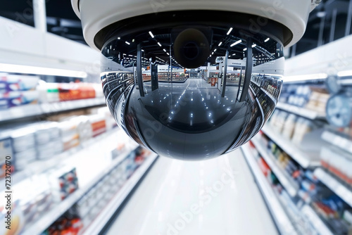 Close up of a security camera of a modern supermarket. security concept suitable for crime prevention and countermeasures.