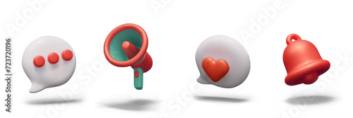 Comment sign, megaphone, like, bell. Isolated realistic objects for advertising mockups