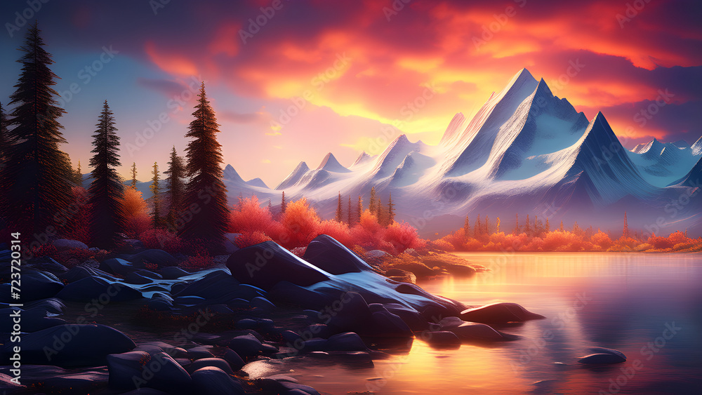 A realistic photograph of a serene lake nestled in a valley with the mountains rising majestically in the background and the sun setting behind them. Ai Generated