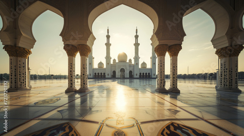 Magnificent mosque courtyard with brilliant sunlight under the beautiful sky