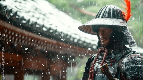 Samurai in the Rain: A Modern Take on Tradition Generative AI photo