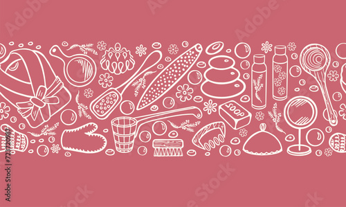 Sauna and spa horizontal seamless pattern in doodle style. Bath accessories sketch. White drawing on a pink background. Vector
