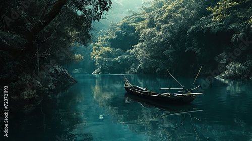 A serene jungle river scene, shrouded in mist, with traditional wooden boats moored along the banks.