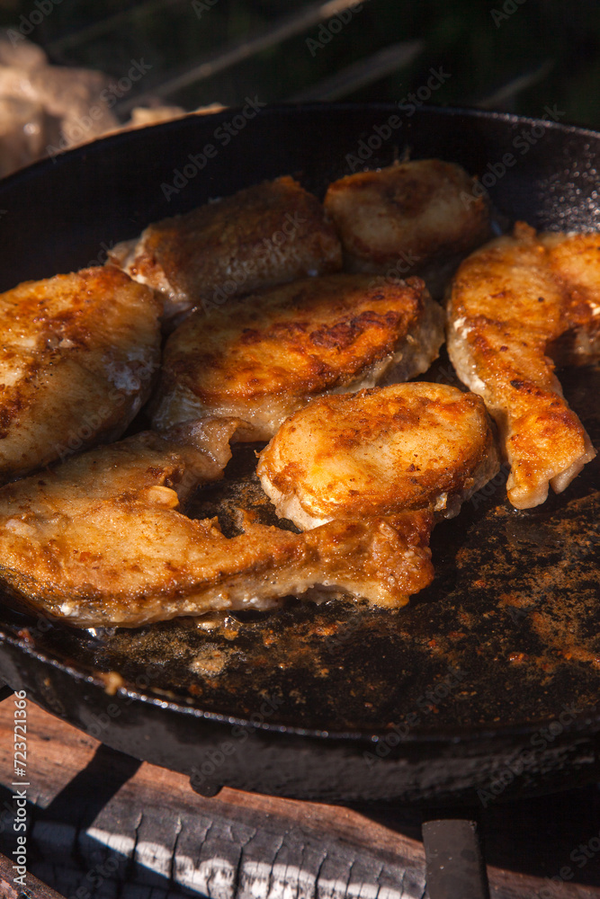Pan frying or home cooking fish on the fire. Pan frying or home cooking fish on the fire.