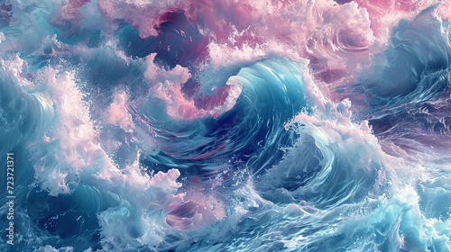 Digital art depicting a vibrant clash of turquoise and pink waves, resembling a dreamlike oceanic scene.