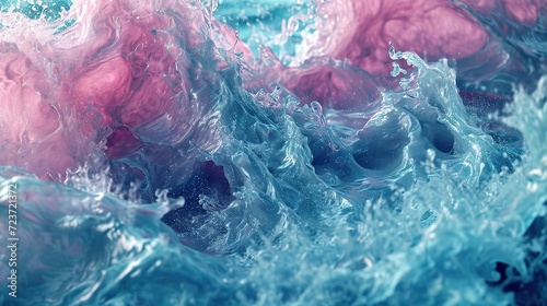 High-resolution image capturing the dynamic interaction between pink and turquoise fluids, creating a mesmerizing liquid wave texture.