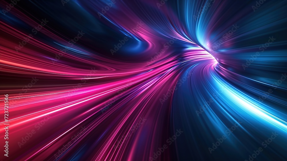 A captivating abstract background featuring a high-speed swirl of neon pink and blue lights, reminiscent of a cosmic journey at the speed of light.
