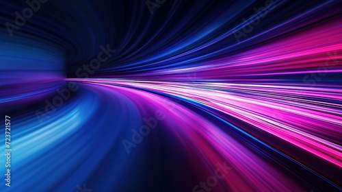 Vivid blue and pink neon lights stream dynamically, creating an abstract and futuristic high-speed motion effect on a dark background.
