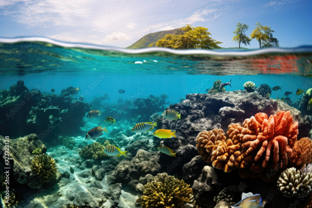 Underwater nature life red sea reef water coral under marine fish ocean