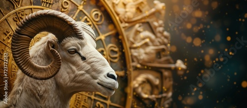 Golden aries zodiac horoscope sign on wheel of esoteric astrology calendar concept. Generated AI
