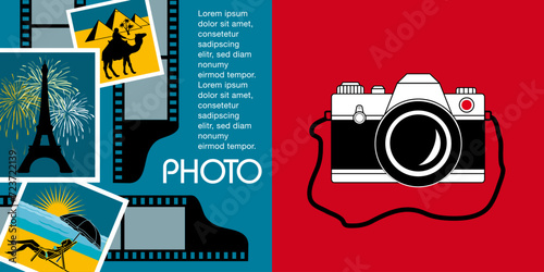 Double page sur le thème de la photo avec un appareil photo, des pellicules et des photos souvenirs - fond rouge et bleu. photo