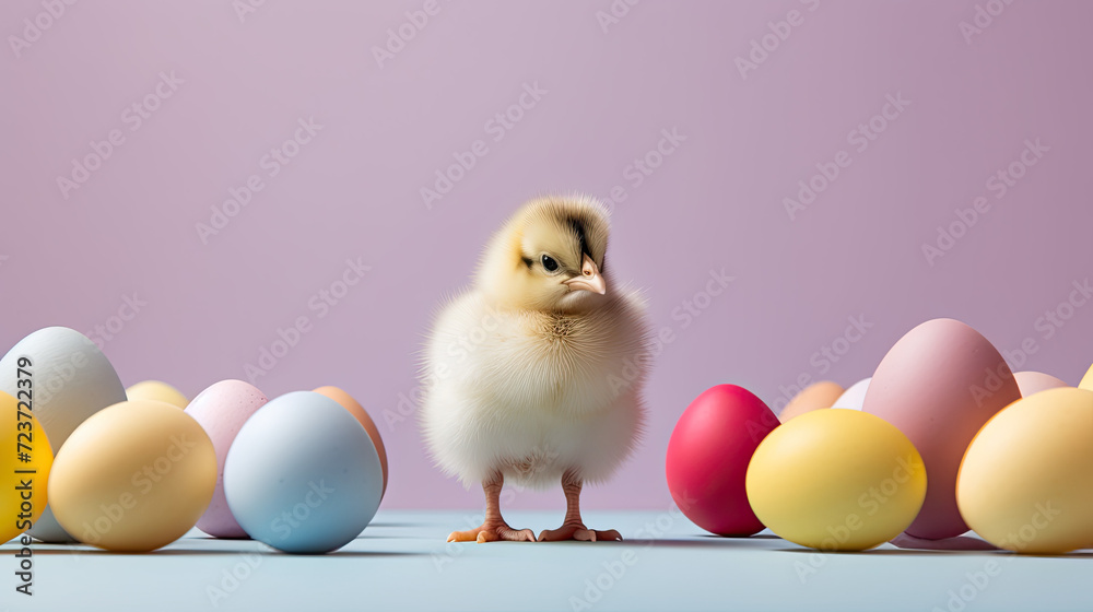 Focused Easter Scene: Ultra-Hyper Realistic Minimalist Image - Chick Near Colorful Eggs, Delicate Details and Vibrant Colors