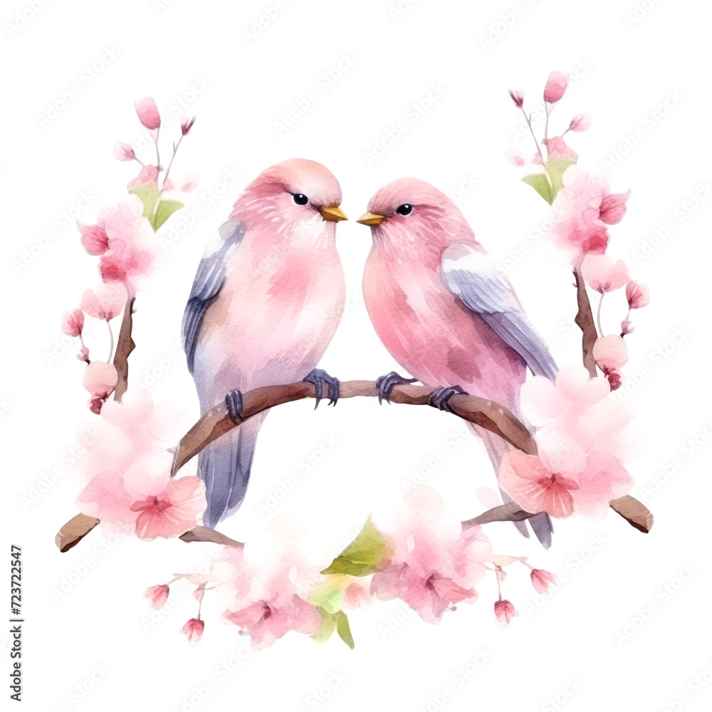 family relationship love concept, hand drawn illustration on watercolor paper, pair of birds on a branch in spring, isolated