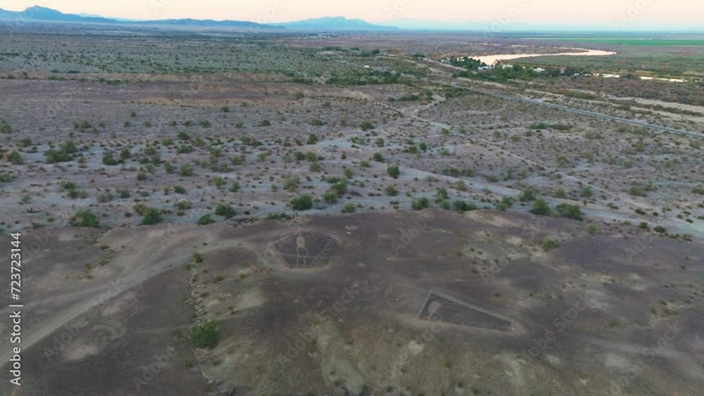 Flying Over Sonoran Desert in Daytime to Reveal the Blythe Intaglio Drawings on Desert Ground, Ancient Civilian Geoglyphs Flying Over Sonoran Desert in Daytime to Reveal the Blythe Intaglio Drawings on Desert Ground, Ancient Civilian Geoglyphs