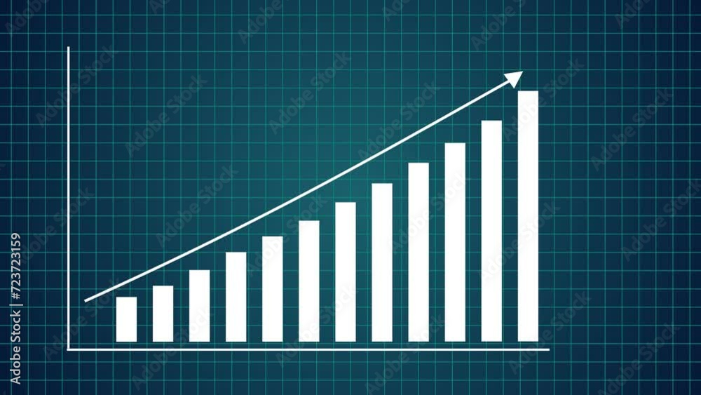 Animated business graph chart with upward trend on grid line background.