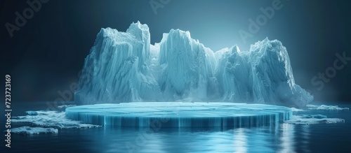 Podium display product platform on ice cold winter snow iceberg mountain background. Generated AI