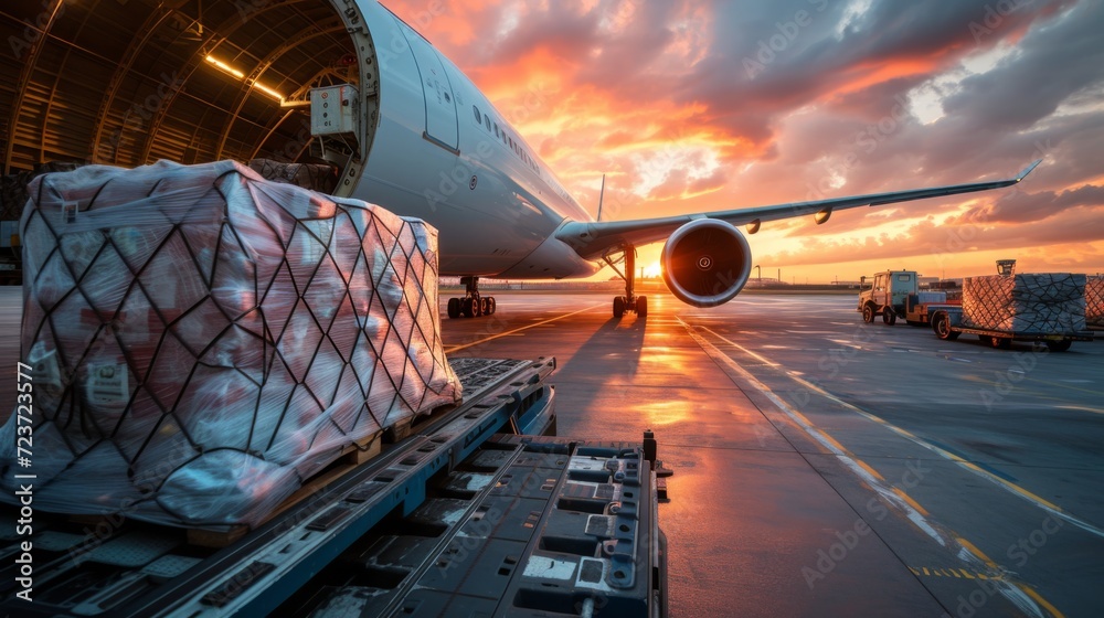 Loading of goods on board a cargo plane, airport, transport logistic Loading of goods on board a cargo plane, airport, transport logistic