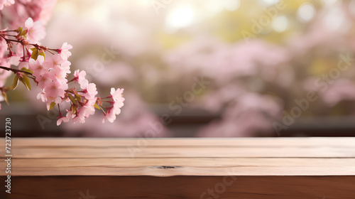 cherry blossom flower spring themed. empty desk and cherry blossom background. Template mockup for display of product, Spring season with Sakura flower wallpaper backdrop. © Bnz