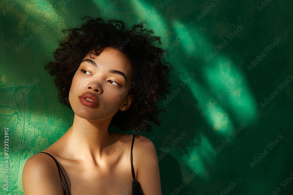 Happy stylish young woman standing in front of a vibrant green background. Trendy fashion and chic elegance personified Happy stylish young woman standing in front of a vibrant green background. Trendy fashion and chic elegance personified