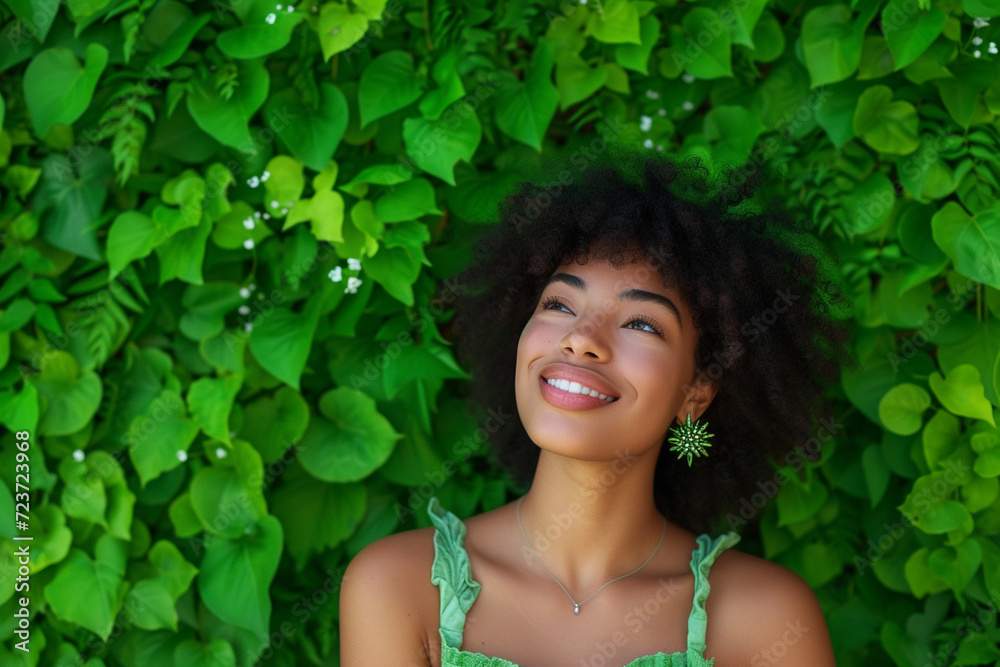 Happy stylish young woman standing in front of a vibrant green background. Trendy fashion and chic elegance personified Happy stylish young woman standing in front of a vibrant green background. Trendy fashion and chic elegance personified