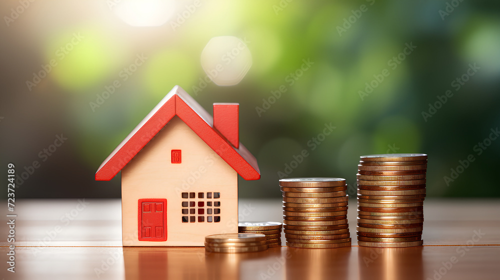 Real estate business and financial banking concept. Loan, Mortgage, Property investment, Inflation, Sale price and tax rise. House model and money on table with green and light bokeh. Real estate business and financial banking concept. Loan, Mortgage, Property investment, Inflation, Sale price and tax rise. House model and money on table with green and light bokeh.