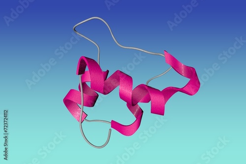 Fototapeta Naklejka Na Ścianę i Meble -  NMR Structure of single-chain insulin. Ribbons diagram in secondary structure coloring based on protein data bank entry 2lwz. Scientific background. 3d illustration