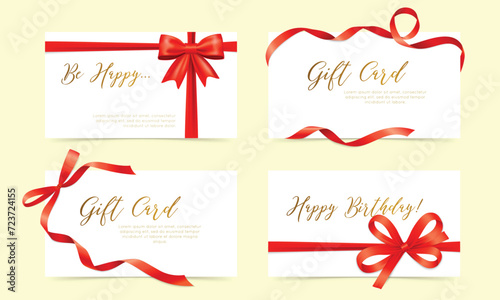 White and black gift cards with golden bow and confetti. Greeting card templates set. Vector illustration. Set of stylish gift voucher with golden ribbon and silver floral pattern. Vector template 
