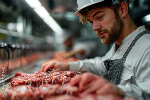 Butcher wearing hardhat taking inventory amidst meat in slaughterhouse photo