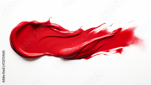 A smooth, creamy swatch smudge of red vivid liquid lipstick makeup on a white background