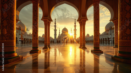 Magnificent mosque courtyard with brilliant sunlight under the beautiful sky photo