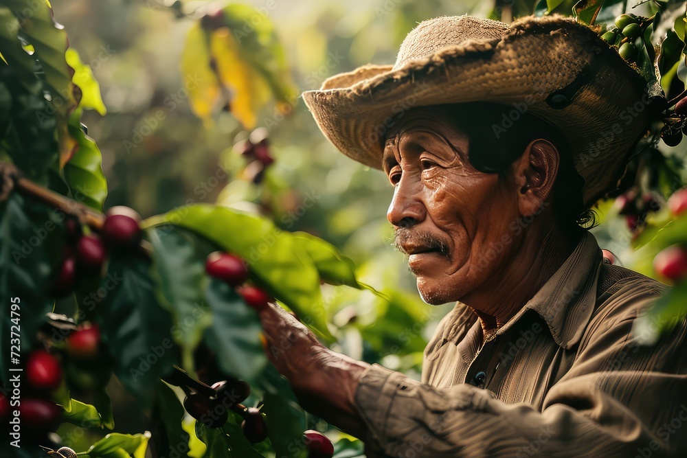 A farmer harvests coffee on a plantation