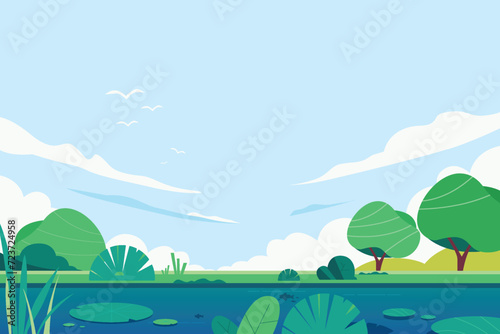 Environment landscape background with leaf plant  beautiful lake and sky  vector design.