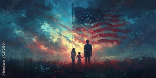 Father and Daughter Standing in Front of a Flag on the 4th of July Generative AI