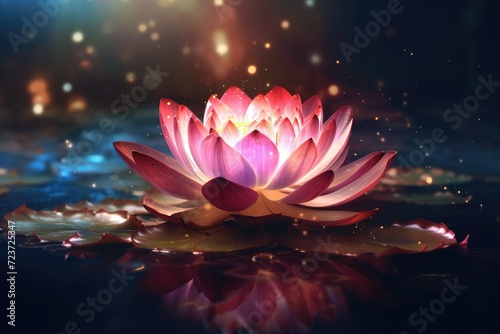 Mystical Lotus Bloom Radiating Light on Tranquil Waters - Generative AI