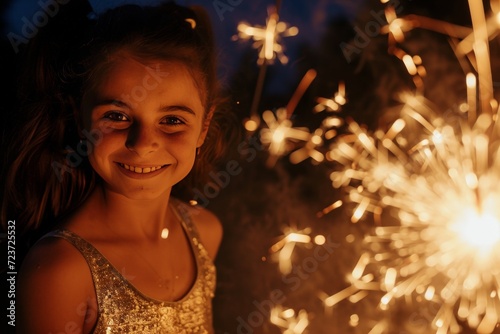 A young girl smiles at a giant sparkler photo