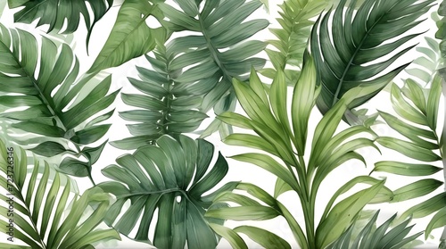 Pattern Of Leaves Of Monsteras Ferns and Snake Plants.Generative AI