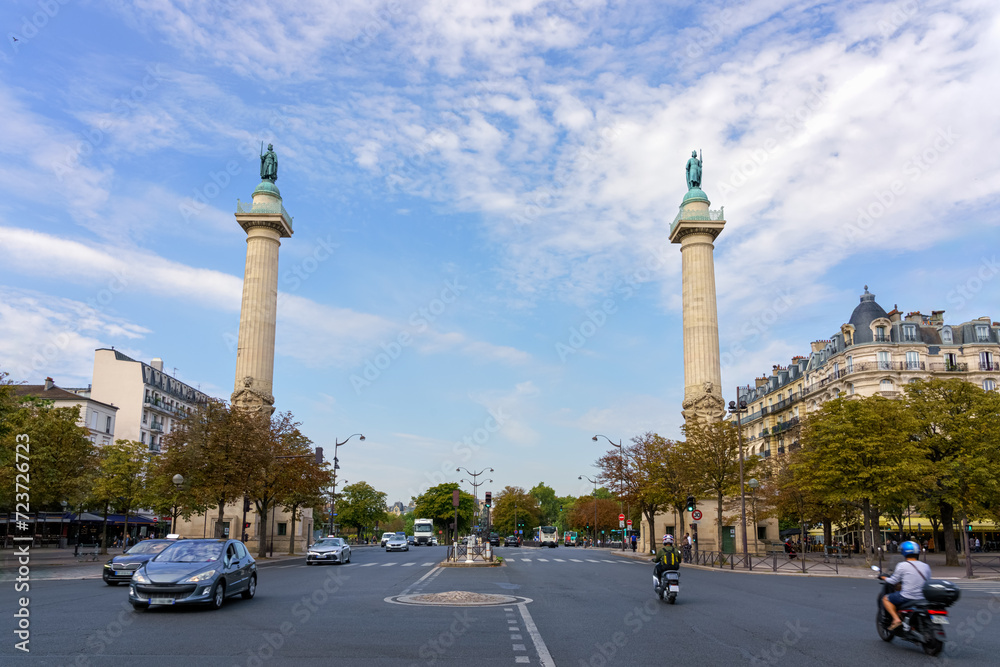 Paris, France. Avenue du Trône with two Doric columns (built in 1787) former symbol of a Royal entry into Paris.