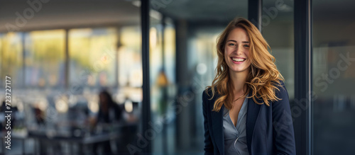jeune femme Européenne souriante qui pose dans un bureau en open space photo