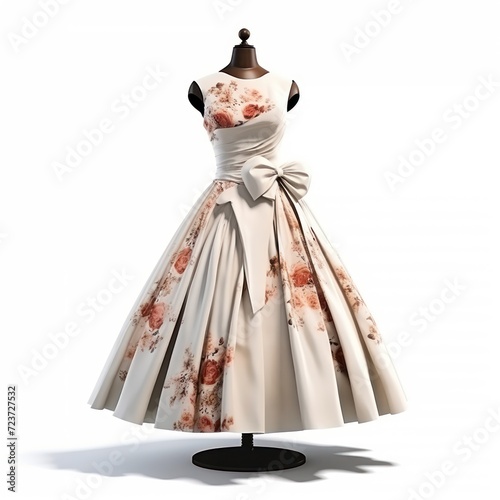 Lightweight vintage dress with floral print. Retro outfit isolated on white background.