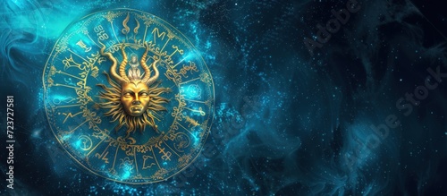 Horoscope circle with zodiac symbol Astrology calendar esoteric on vibrant colorful background. photo