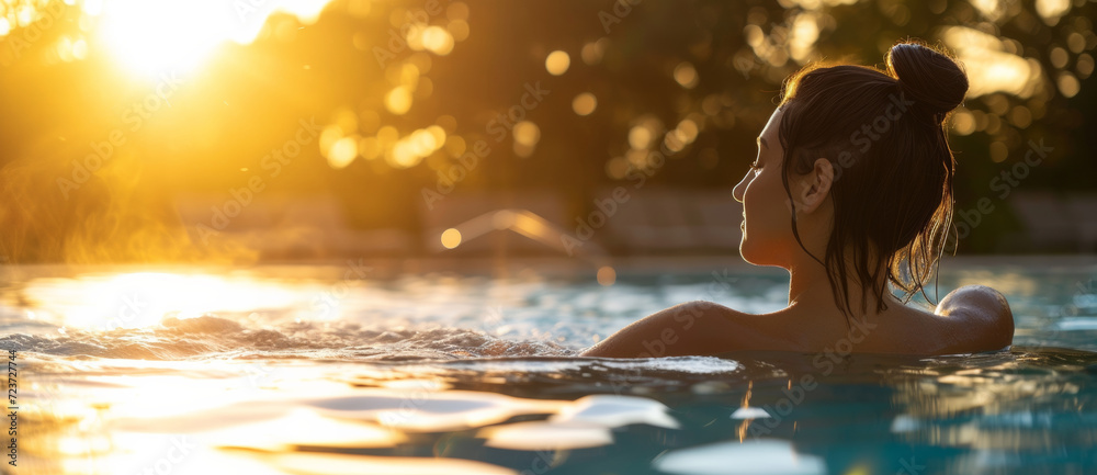 The serene silhouette of a woman relaxing in a hot spring pool, embraced by the golden caress of sunset - obrazy, fototapety, plakaty 