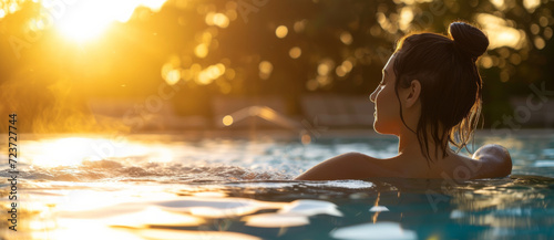 The serene silhouette of a woman relaxing in a hot spring pool, embraced by the golden caress of sunset