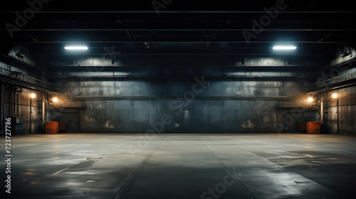 An atmospheric view of an empty industrial hangar with a glossy floor, bathed in the moody glow of overhead lights.