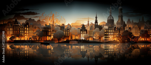 A paper city Amsterdam with internal illumination. Handmade diarama. Evening, illuminated streets