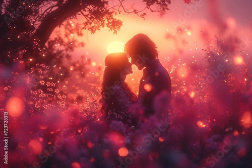 Sunset Kiss: A Pink and Purple Blur of Love Generative AI