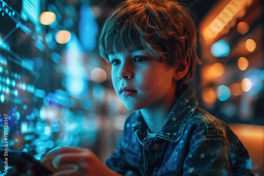 Side view of a boy using a smartphone near a touch screen, children and technology