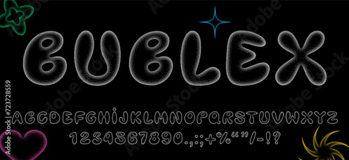 Y2K bubble pixel font. Balloon inflated letters and numbers of English alphabet for retro-futuristic 2000s design, isolated vector type elements photo