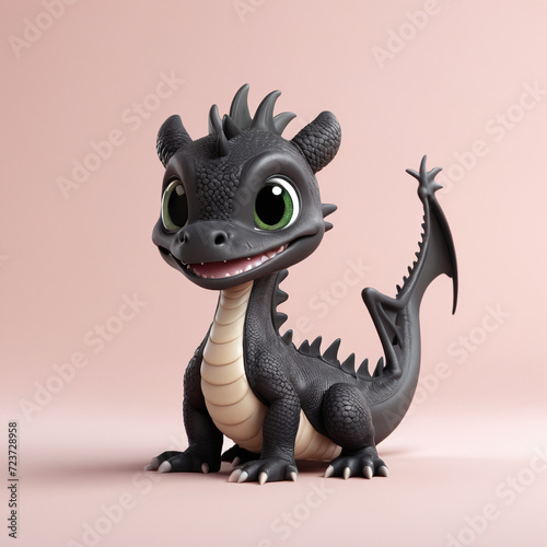Cute small adorable baby black dragon like creature  isolated in pastel background