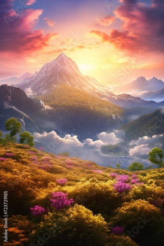 Blooming meadow among mountains. High peaks and flowers. Beauty in nature.