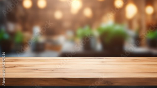 Empty wooden table on blurred kitchen background. for display or montage your products.	
